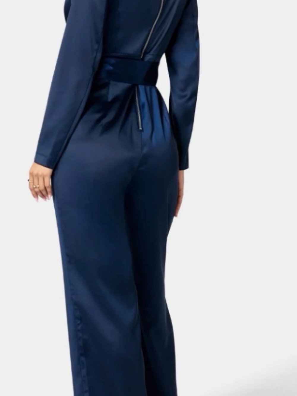 bebe Satin Navy Wrap Jumpsuit with Self-Tie Waist - Picture 3 of 5